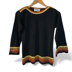 H3- Vintage Small Crochet Knit Black Top with Gold and Orange Accents